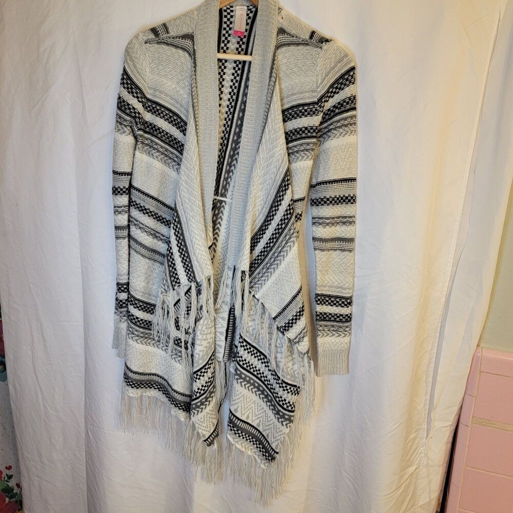 No Boundaries NoBo Knit Cardigan Sweater M Medium Grey and Black w/ Fringe